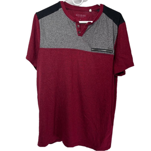 GUESS Men's Size SLIM Large Red and Gray Henley Shirt S/S
